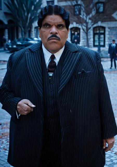 gomez addams (sharp focus:1.2), full body photo, man on a (street:1.2). (afternoon lighting:1.2), depth of field, bokeh, 4K, HDR. by (James C. Christensen:1.2|Jeremy Lipking:1.1).