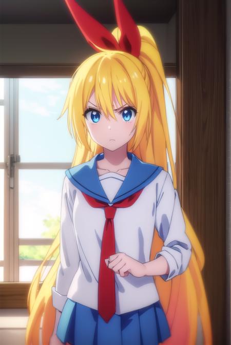 chitogekirisaki, <lora:chitoge kirisaki s2-lora-nochekaiser:1>,
chitoge kirisaki, long hair, blue eyes, blonde hair, ribbon, hair between eyes, very long hair, hair ribbon, multicolored hair, red ribbon, gradient hair, angry, frown,
BREAK skirt, shirt, thighhighs, school uniform, collarbone, white shirt, pleated skirt, necktie, serafuku, sailor collar, red ribbon, blue skirt, blue sailor collar,
BREAK indoors, classroom,
BREAK looking at viewer, (cowboy shot:1.5),
BREAK <lyco:GoodHands-beta2:1>, (masterpiece:1.2), best quality, high resolution, unity 8k wallpaper, (illustration:0.8), (beautiful detailed eyes:1.6), extremely detailed face, perfect lighting, extremely detailed CG, (perfect hands, perfect anatomy),