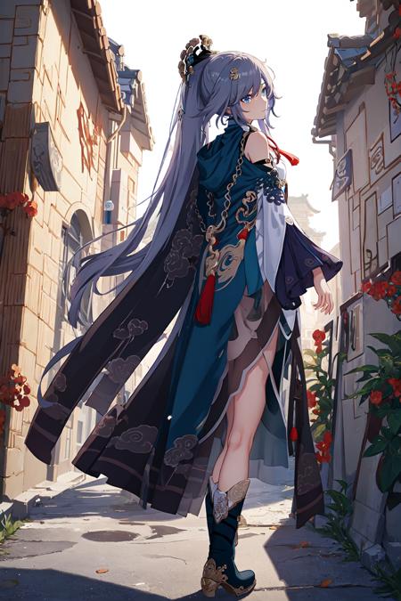 (masterpiece, top quality, best quality, official art, beautiful and aesthetic:1.2),extreme detailed,(fractal art:1.3), Fu Hua(az),<lora:Fu Hua_Azure Empyrea_v2.6:0.9>,Chinese clothes,long sleeves,neck collar,belt,hairpin,hair ornament, street, from behind,(cloak:1.2), boots,outdoors, building,