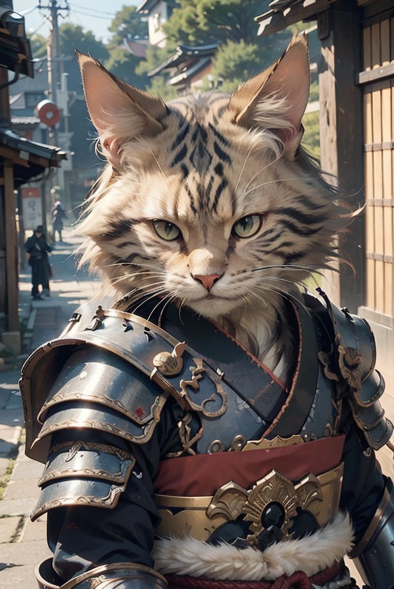 A cat wearing a suit of armor.