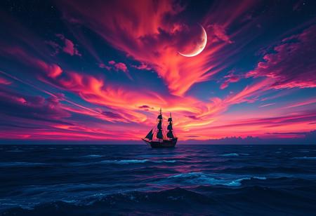 A breathtaking cinematic shot of a celestial seascape, where a lone ship glides across the deep blue ocean. The ancient vessel stands out against the backdrop of a mesmerizing sky, painted with vibrant hues of fiery orange and pink that seamlessly blend with the inky blackness of night. A crescent moon casts a soft glow, illuminating the bioluminescent shimmer of the water. The vast ocean and celestial sky evoke a sense of tranquility, wonder, and awe. The solitary ship adds an air of mystery and adventure, inviting the viewer to embark on a fantastical journey. This conceptual art piece masterfully blends natural beauty with artistic imagination, capturing the magic of the night sky and the allure of the open sea.