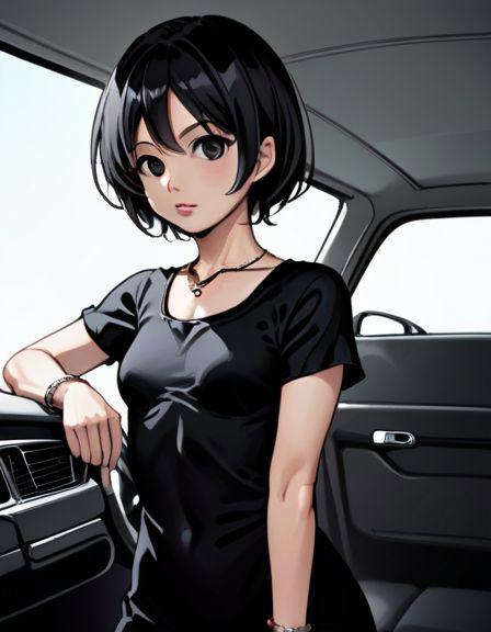 aoi tsukasa, 1girl, solo,  bracelet, jewelry, realistic, black short hair, black eyes, ultra pose
inside a car , (body shot)
(<lora:Aoi_Tsukasa:1> Aoi Tsukasa),
parted lips, (black room background:1),