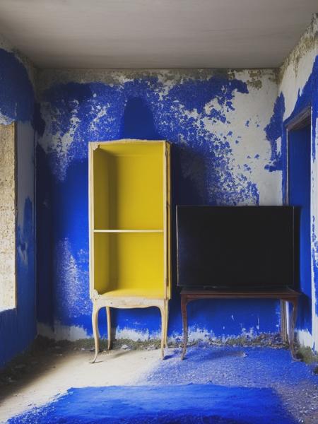 <lyco:YvesKlein:1.0> artwork by Yves Klein of the inside of an abandoned house with a television