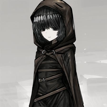 miranda, (multiple belts:1.3), brown belts on outfit, standing, smile, black hair, black eyes, black dress, black gloves, (brown:1.2) hooded cloak <lora:miranda:0.9>, nice hands <lora:blackSouls_5:0.7>