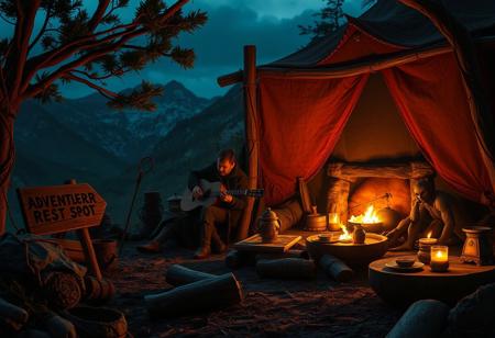hyperdetailed ultra-detailed realistic,  
extremely detailed adventurer firecamp with a bard singing a beautifully melody, a sign nearby written((("adventurer rest spot"))) with glowing relaxing tea, detailed dark environment, dark shot, rtx, at exotic mountains background , High Definition HD, High Detail, Perfect Composition, dark fantasy movie, cowboy shot,
