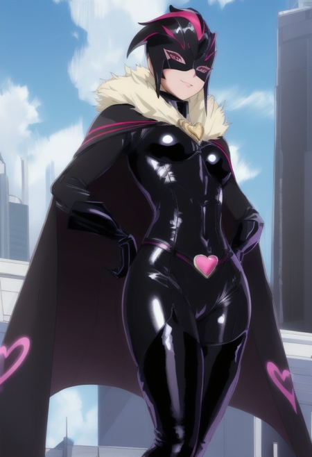 Cure Muse black bodysuit fur-trimmed cape black and pink mask heart broach thigh-high boots