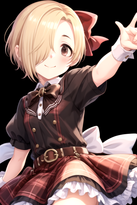 <lora:KoumeShirasaka-07:0.7>, shirasaka koume, 1girl, solo, looking at viewer, blush, smile, short hair, blonde hair, simple background, dress, bow, brown eyes, closed mouth, short sleeves, hair bow, puffy sleeves, belt, hair over one eye, puffy short sleeves, wrist cuffs, plaid, outstretched arm, black background, brown bow