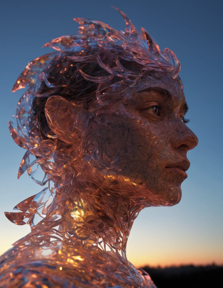 by Deborah Butterfield, Andy Goldsworthy, Xavier Puente Vilardell, close up transparent neon dragon silhouetted liquid epoxy holographic garland sculptural face portrait, bioluminescence, light inside body, sunset sky, clouds, double exposure installation, beautiful, gracious, filigree, fairytale, multilayers, close up highly detailed transparent, neon otherworldly lighting, epic, mystical, close up face, big eyes, hyperrealism, shadow play, intricated, dynamic intricated pose, highly detailed unusual beautiful details, intricated, intricated pose, tiny details masterpiece, high quality, intricated lighting, luminism