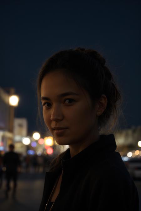 A poorly lit closeup night photo of a woman outside in the city at night