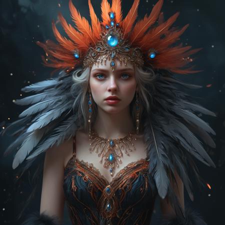 This is a highly detailed digital artwork in a fantasy style, featuring a young woman with an ethereal, almost otherworldly appearance. The subject has pale, almost translucent skin and large, expressive blue eyes with a hint of sadness. Her lips are painted a deep red, adding a striking contrast to her complexion. She is adorned with an elaborate headdress consisting of intricate, flowing feathers in shades of black, orange, and gold, which resemble flames or fire. The feathers are adorned with small, glowing orbs, adding a magical, fiery aura to the headdress.

Her hair is dark and styled in an elegant updo, with strands flowing down her back. She wears a dark, form-fitting gown that appears to be made of intricate, almost organic-looking patterns and textures, blending seamlessly with the feathers in her headdress. The gown is adorned with more glowing orbs, creating a sense of luminosity and depth.

The background is a dark, smoky gradient, with faint, glowing particles suggesting a mystical, enchanted atmosphere. The overall composition is rich in detail and color, with a focus on the woman's ethereal beauty and the fantastical elements of the headdress and gown. The image is highly polished and realistic, with a high level of texture and depth.