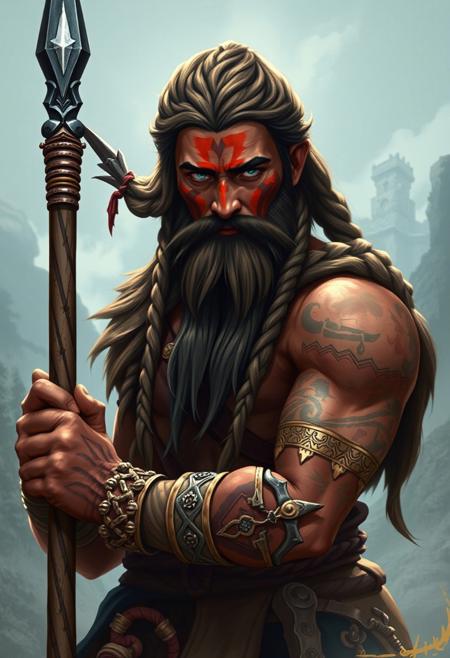 An adventure video Game style artwork featuring a yamnaya warrior, the complete body. He have long Brown hair with braids, long beard, deep blue eyes, and his face is painted in red. He is posing holding a spear