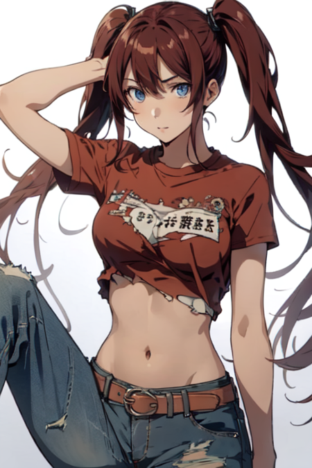 RingoNoyamano, 1girl, solo, long hair, blue eyes, brown hair, shirt, twintails, red hair, midriff, belt, pants, denim, jeans, torn pants, single pantsleg, torn jeans