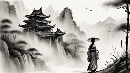 (ink brush drawing), (splashes of ink:1.2), (paper textured:1.3). a mystical chinese highland temple in bamboo and mountains. fog and rain. serenely beautiful, elegant and timeless.
a woman in hanfu is observing.