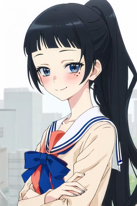 best quality, masterpiece, highres, solo, {chiyo_4ninwasorezoreusootsuku:1.15}, black_hair, long_hair, blush, bangs, mole, mole_under_eye, blunt_bangs, smile, blue_eyes, serafuku, ponytail, 1girl, close-up, looking_at_viewer, portrait, grey_eyes