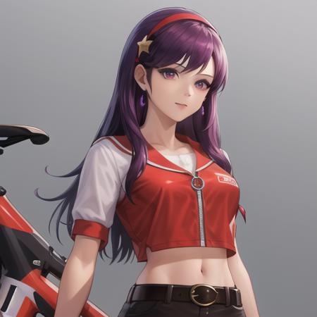 (masterpiece, best quality:1.2),illustration,8k,hd,1girl,solo,upper body,(portrait:1.2),purple hair,fingerless gloves,purple eyes,long hair,cropped shirt,short sleeves,star hair ornament,breasts,jewelry,earrings,navel,belt,midriff,red skirt,hair ornament,white hairband,bike shorts,socks,shoe,<lora:Asamiya Athena-02:0.7>,