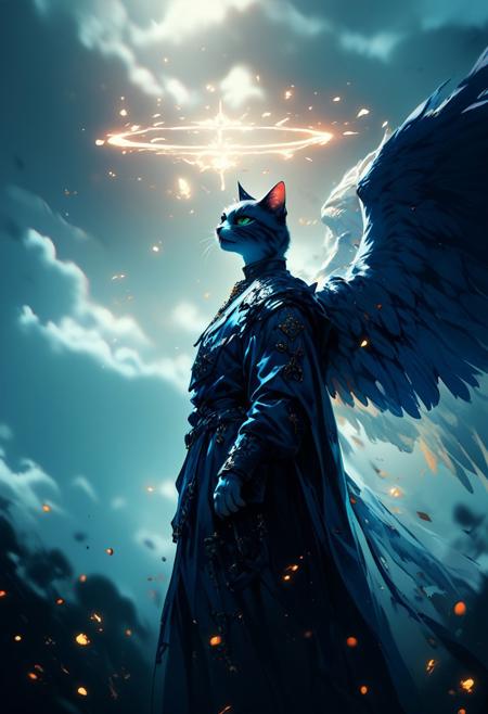 (score_9, score_8_up), score_7_up, (((cat))), clouds in the background, jewelry, necklace, armor, from side, glowing energy halo, cross, in the heaven, robe, blue and white theme, angel wings, clouds, daytime, well-lit, soft-lights,
, 
depth of field, blurry background, black background, dark, CINE, embers, 
 <lora:unholy-000009:0.75>   <lora:CINE-000008:0.5>
