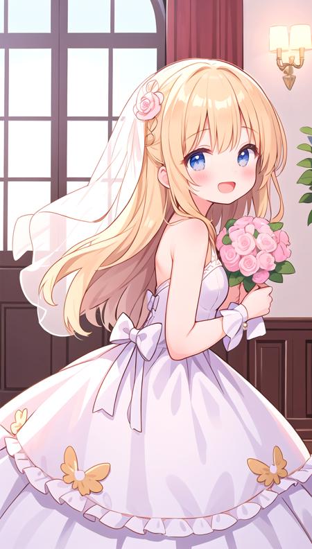 beautiful illustration, best quality, cute girl, from side, wedding dress, long hair, happy, open mouth