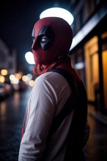dramatic, high contrast, back lighting, Redhead, 19 year old woman , with glowing halo, wearing a Deadpool mask,
The haio light is shinning on her hair 
looking over her shoulder back at the ciewer
rain wet street with warm neon lights reflecting
night time