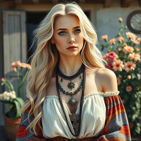 A meticulously detailed, hyper-realistic oil painting featuring a captivating boho woman with striking blue eyes and very very long, wavy, luxurious platinum blonde hair. Her fair complexion is unblemished, and her contemplative expression captures a moment of deep thought. She wears an off-shoulder linen dress in an eclectic mix of traditional attire. The richly patterned maxi skirt, flowing blouse, and layered necklaces with intricate designs create a tapestry of bold colors and patterns,, its deep neckline drawing attention to her elegant necklace and an array of boho jewelry. Luxurious french cabin with flowers in the background. Sunny summer day. Shadows are carefully rendered to create depth, and the cool tones add contrast to the warm lighting. (((ENORMOUS Natural breasts))). Pale white skin. (((Full body pic))). Young woman. Cute face. Sweet face. Innocent face.