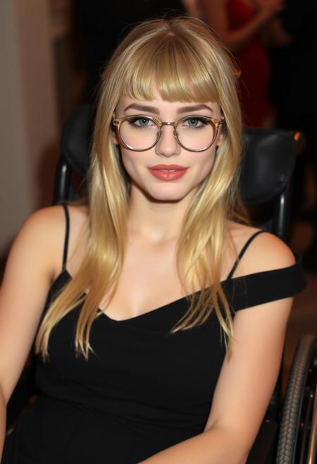 pretty quadriplegic young woman sat in her wheelchair. From russia, wearing thin hipster round wire glasses aged 26. She has soft skin and blonde hair. hair bangs. She has thick black eyeliner flicks and plump shiny lips. She is wearing a black dress as its a formal party and she is trying to playfully flirt.