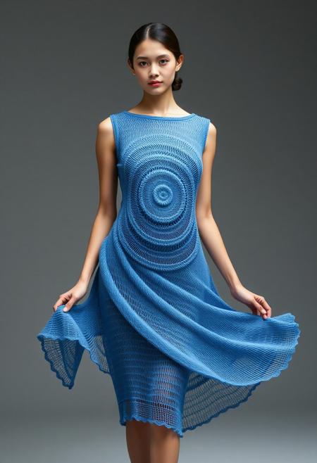 (nubile young woman:1.3), wearing (blue spirograph-knit dress:1.6), (graceful spiral composition:1.5), (interwoven spirals forming layered fabric:1.4), (densely knit at core:1.4), (breathable edges with subtle skin reveal:1.2), (flowing, modest design:1.3), (smooth gradient from center to hem), (light fabric motion in wind:1.2), (structured elegance:1.4), (soft highlights on fabric curves), (minimal accessories), (gallery setting), (organic symmetry in spiral layout:1.2), (bulkiness or heaviness:-1.5), (disproportionate structure:-1.4), (blurry details:-1.3), (grayish tones:-1.2), (flat textures:-1.2), (photorealism:-1.5)