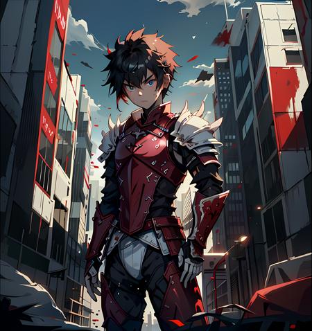 <lora:redpunk:0.65>, (redpunk artstyle), 1boy, a warrior, looking at viewer, (wearing white armor:1.5), (blue eyes),  short hair, (highres), (in bloody city:1.5), (black clouds), black hair