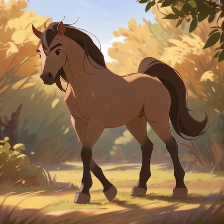 <lora:spirit2002:0.6>, 1horse, buckskin coloured horse with a black mane without white spots with a dark brown nose, a black tail, and brown eyes, sun shining, Soft Lighting, 8k, photorealistic, UHD, HDR, sideview, view from the side, (best quality, masterpiece), ((four legs:1.4))