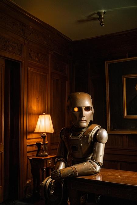 photo of [25 yo Anna:robot:10], [fine art | street], (highly detailed face), (private club, wood furniture), (sitting in the entryway), (dark and moody light:1.4), disappointed <lora:epiNoiseoffset_v2:1>
