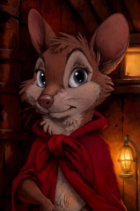 (kenket:1.2), masterpiece, best quality, absurd res, maximum detail, intricate detail, atmospheric lighting, UHD, 8K, highly detailed facial features, highly detailed background, both eyes the same, looking at viewer, (furry, anthro, detailed fur, fur), BREAK, mrsbrisby, the secret of nimh, brisbycloak, standing, <lora:MrsBrisby-v1-000435:0.6>