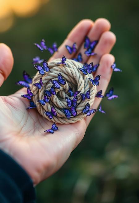 score_9, score_8_up, score_7_up, photo bokeh
Close up of a tightly wound knot of rope the size of a soft ball sitting in the 5 fingered palm of a man’s hand.  There are dozens of small purple butterflies swarming around it