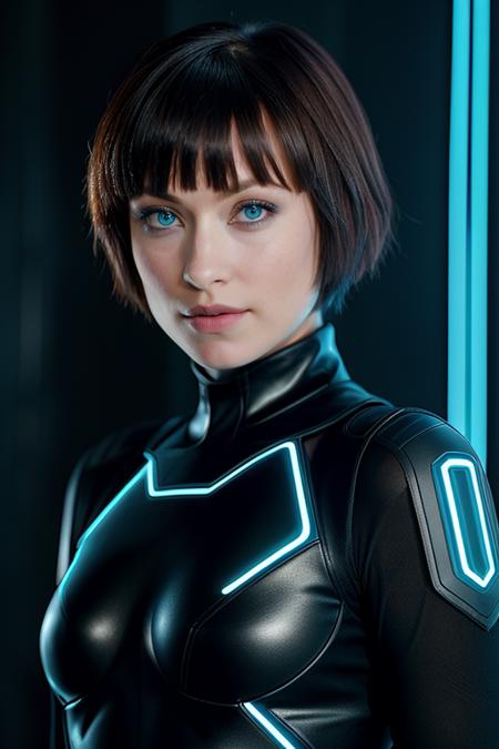 background fall epic (photo, studio lighting, hard light, sony a7, 50 mm, matte skin, pores, colors, hyperdetailed, hyperrealistic),
<lora:oliviawilde_lora_smf_v4:1>, 1girl, o1i7i4w-smf, solo, short hair, black hair, upper body, lips, blue eyes, looking at viewer, bare shoulders, parted lips, scifi, tron outfit
