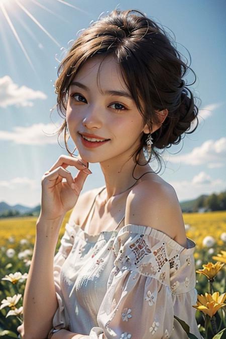 Best quality, masterpiece, ultra high res, (photorealistic:1.4), raw photo, 1girl, white dress, off shoulder, blossom flower field, glowing skin, light smile