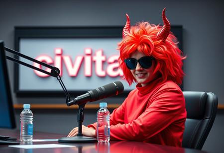 In the center of the image, a person is seated at a professional desk. They are donned in a vibrant red devil costume complete with a matching red wig and horns. Their face is obscured by a pair of sunglasses, adding an air of mystery. The desk features a microphone and a water bottle. Behind the person, a sign bearing the word "civitai" is prominently displayed. The setting is well-organized, suggesting a broadcasting or recording studio. High-res, 4K, Exceptional Quality, More Detail, Lifelike Details, Super Detailed Face and Eyes and Clothes, Handcrafted with Precision, High Quality, Sharp Lines, Stunning Colors, Harmonious Colors, Multi Colored, Contemporary Aesthetics, Impeccable Composition, Creative Angle, Attractive Background, Balanced Editing, Intentional Focus, Well-timed Moment, Captivating Lighting, Octane Render, Unreal Engine 5, Houdini Style, Vivid Emotions, Joyful Impact, Powerful Message, Beautiful Detailed Eyes, CGSociety, Artstation Trending on ArtstationHQ, Golden Ratio. Cinematic photorealistic render.