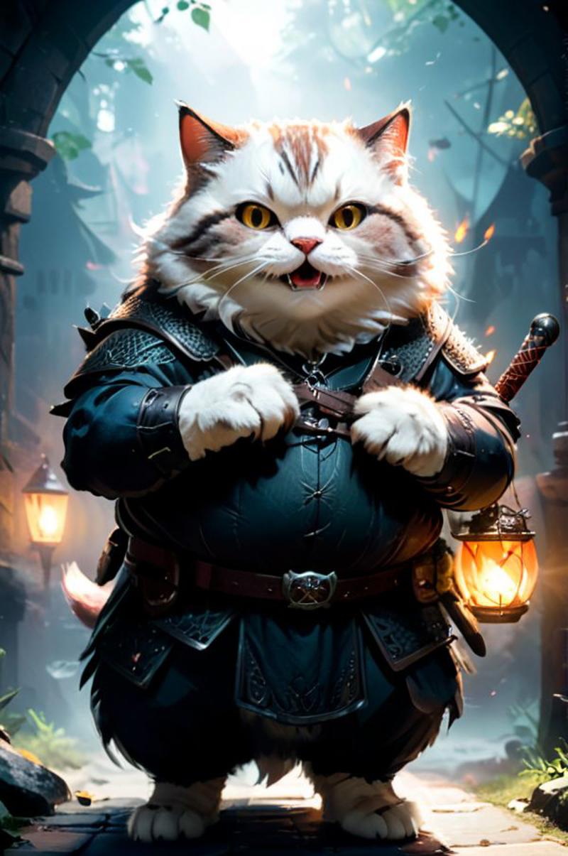 A cartoon cat wearing a knight's outfit, holding a torch and a sword.