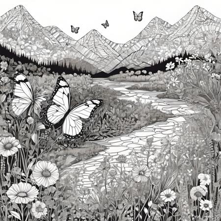 Zentangle Butterflies and flowers, background is a meadow full of wild flowers and mountains, stream, golden hour, sunset, . Intricate, abstract, monochrome, patterns, meditative, highly detailed