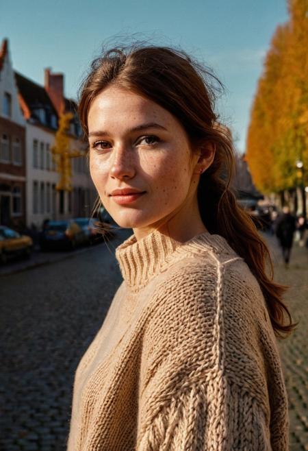 A beautiful 35mm photo of a 30 year old Dutch woman, ((sweater)), ((jeans)), ((leather boots)), (baret)), ((beautiful long coat)), ((full body:1.2)), she has a comely face, shy smile, in love, pale skin, very dark eyes, chocolate brown hair, straight hair, 70's fringe, ponytail, beautiful mouth, long face, narrow chin, freckles on nose, birthmarks on stomach, she is slim, natural tits, perfectly shaped tits, pubic hair, ultra realistic, extremely detailed, highly detailed eyes, realistic eyes, highly detailed skin, realistic skin, in Bruges, happy, beautiful sky, soft natural light, golden hour light, autumn, perfect light, Rembrandt style light, 8k resolution, masterpiece, 35mm, Hasselblad, film grain, (ultra high res:1.2),(photo-realistic:1.3) (skin pores:1.1)