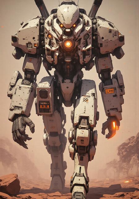  (Masterpiece, ultra-realistic, high detail, photorealistic, dark Mechanicum style, Grimdark sci-fi, cinematic lighting, best quality, 8K, film grain, dramatic atmosphere, cyberpunk influence)

In the haze of a Martian battlefield, the N-C-Brawler-04-T-G3 looms like a titan of myth, its 11-meter frame clad in Clan-grade Ferro-fibrous armor that gleams with a predatory sheen. Known as the “Iron Revenant,” this 100-ton Full Mech is the Terran Coalition’s ultimate close-combat weapon, designed to pulverize enemy Mechs and fortifications with unrelenting force. Powered by a 15 MW fusion reactor, its synthetic bio-mimetic muscles drive earth-shaking steps, while its plasma chainfist—a gauntlet wreathed in searing arcs—cleaves through steel like a blade through silk. In 2060, as interstellar wars rage across colonized worlds, the Brawler is both a symbol of dominance and a harbinger of destruction.