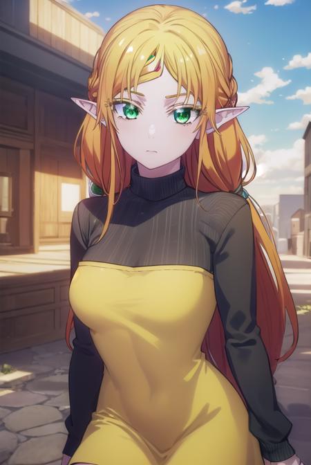 tsundereelf, <lora:tsundere elf s1-lora-nochekaiser:1>,
tsundere elf, long hair, blonde hair, (green eyes:1.5), pointy ears, elf, multicolored hair, forehead jewel,
BREAK long sleeves, turtleneck bodysuit, pantyhose, sweater, (black sweater:1.2), dress, (yellow dress:1.5),
BREAK outdoors, forest, nature, sun, sky, clouds,
BREAK looking at viewer, (cowboy shot:1.5),
BREAK <lyco:GoodHands-beta2:1>, (masterpiece:1.2), best quality, high resolution, unity 8k wallpaper, (illustration:0.8), (beautiful detailed eyes:1.6), extremely detailed face, perfect lighting, extremely detailed CG, (perfect hands, perfect anatomy),