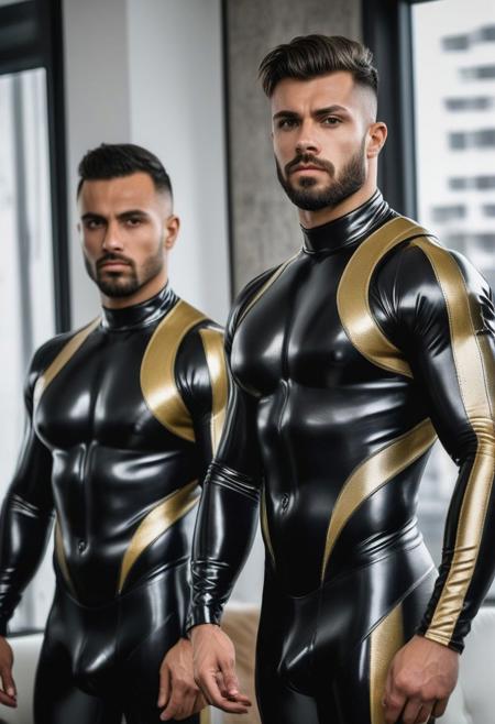 two strong 26-year-old italian bodybuilder males, with a side fringe curtains hairstyle, detailed face, confused expressions, wearing a skin tight black latex cybernetic suits with gray and gold latex details, wearing skin tight gray latex jockstraps, standing at attention posture,  on a modern living room, looking to the camera, detailed face, professional photography, shot on sony a 7RIII , looking to the camera,  detailed skin face and eyes, natural lighting ,  film grain, low contrast, natural face,  dark circles under eyes