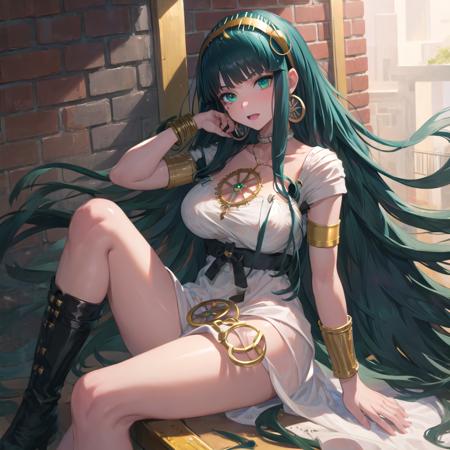 masterpiece, best quality, anime illustration, highly detailed, 2d, nice hands, (cleopatra_\(fate)\:1.3), fgocleo, egpytian style alleyway, cleodress, white dress, cross-laced dress, open clothes, thighs, legs, 1girl, long hair, blunt bangs, bangs, green eyes, very long hair, green hair, hairband, jewelry, earrings, hoop earrings, breasts, medium breasts, aroused, hand on own face, <lora:envybetterhandsLocon_beta2:0.6>