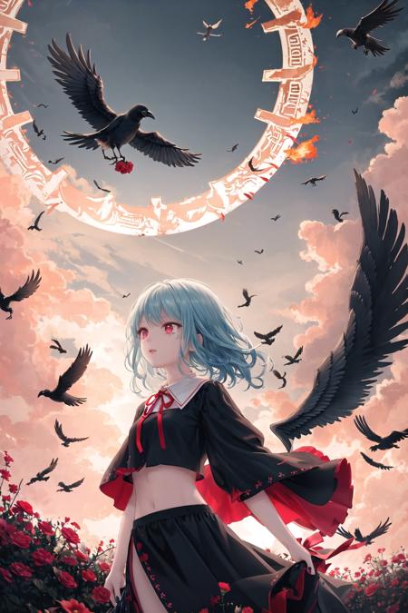 Masterpieces,illustration,Cinematic lighting,
beautiful detailed sky,Bloody Sky,Burning Sky,Flying Black Feathers,Crows,Equinox flower,Burning Flowers,(Sunwheel),
A girl,light blue hair,long messy hair,red eyes,(Broken Single Black Angel Wing),flat,red nails,Midriff,hair behind winds,(Delicate face),
Neck Ribbons,Witch dress,