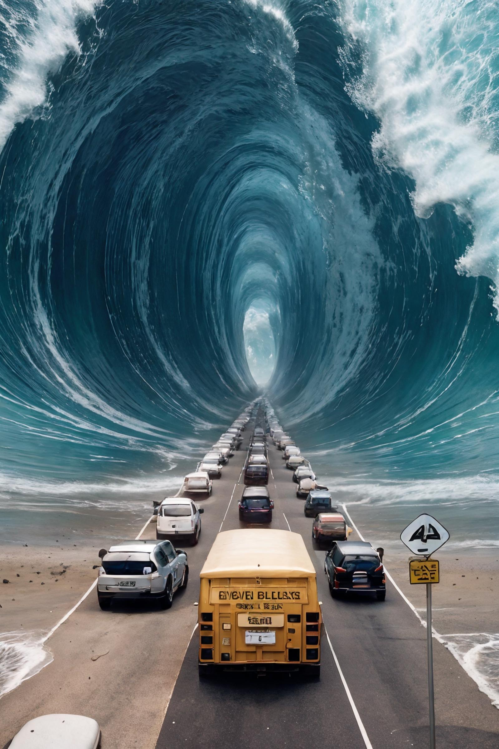 A highway going through a tunnel in a 3D animated image of a giant wave.