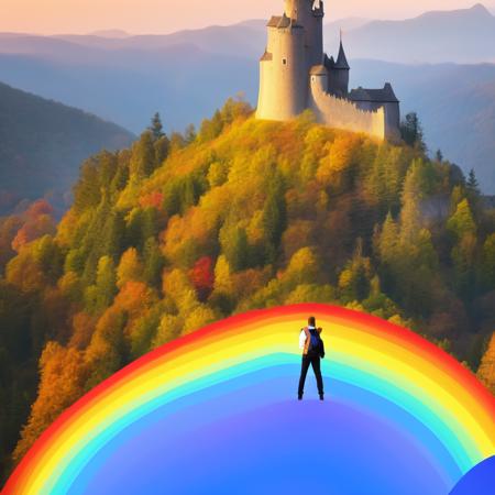 (rainbowfusion style:1) a man standing on top of a mountain with a castle in the background <lora:djzRainbowFusionV21_LoraBooth:1>