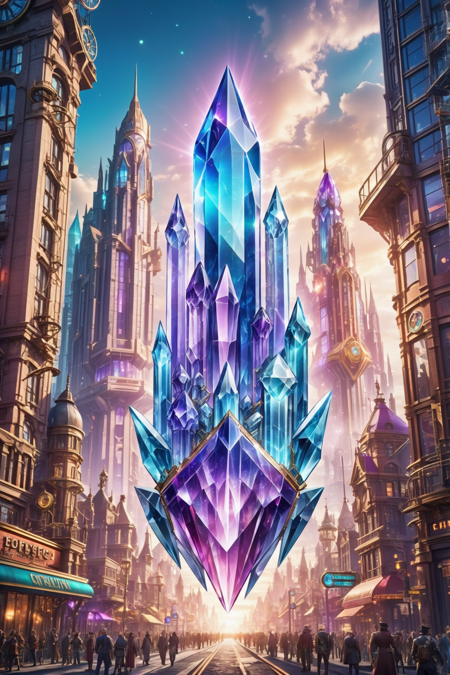 shiny  multicolor crystal deco, photograph, promotional still, cinematic color grading, steampunk, scifi, epic,cheerful fantasy metropolis beyond the beginning of reality, crystal buildingsd<lora:EnvyBetterHiresFixXL01:0:hr=1><lora:EnvyCrystalXL01:0.6>