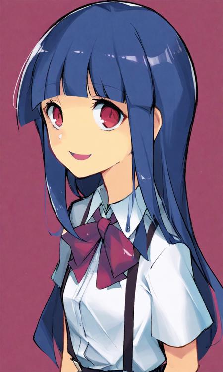 by eyyy, furude rika, 1girl, blue hair, collared shirt, evil smile, gradient background, hime cut, hinamikan, neck ribbon, open mouth, purple ribbon, red eyes, ribbon, shaded face, shirt, smile, solo, suspenders, white shirt, <lora:sdxl - Char - Furude Rika - Bionagato>