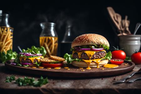 masterpiece, best quality,burger photo, food, burger, tomato, lettuce, blurry, food focus, realistic, no humans, salad, bowl, vegetable, meat, depth of field, still life, onion, blurry background, table, plate, indoors, french fries, cheese, cup