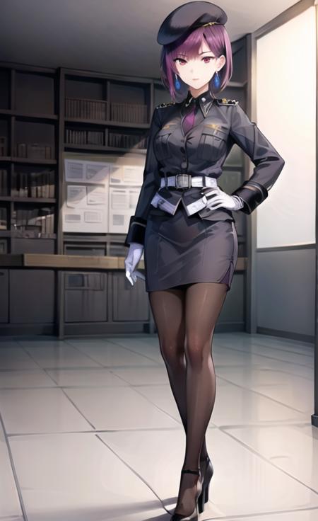 extremely detailed CG unity 8k wallpaper, realistic, hand by Guido Daniele, prison,
1girl, solo, pantyhose, skirt, uniform, hat, gloves, Fuchsia hair, short hair, military, full body, military uniform, looking at viewer, white gloves, red eyes, hand on hip, necktie, beret, white skirt, white belt, standing, black footwear, jacket, pencil skirt, black pantyhose, long sleeves, purple necktie, bangs, high heels, earrings, closed mouth, breasts,chair, standing on chair,