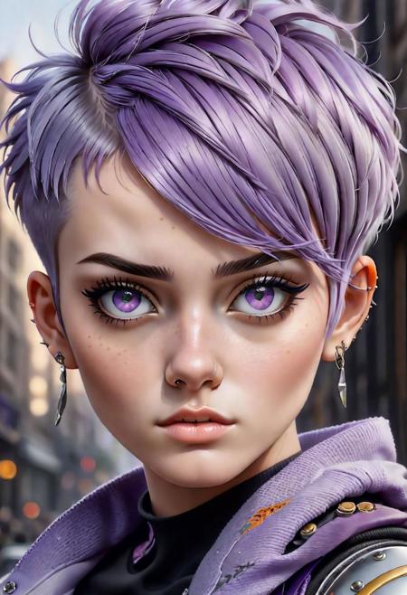 "Imagine a strikingly detailed portrait of a young rebel woman, her gaze piercing through the canvas with a defiant confidence. She sports an asymmetrical, short lavender haircut, each strand rendered with hyperrealistic detail that captures the subtle interplay of light and shadow, giving life to her vibrant locks. Her eyes, framed by expertly applied winged eyeliner, hold a story of urban adventures and untold tales. Adorning her ears are delicate earrings, each reflecting the neon city glow, while a heavy chain necklace lies around her neck, leading to a dagger pendant that hints at her bold spirit. Her skin is flawless, the texture so real you could almost feel its warmth, with a small beauty mark adding character to her visage. Tattoos peek out from under the sleeve of her black leather jacket, a symbol of her unique identity. The jacket itself is a masterpiece of texture, from the glossy sheen of the leather to the intricate details of the zippers and studs. Behind her, the city comes alive in a soft focus, neon signs glowing in the hues of the night, and the streaks of headlights suggesting the busy movement of the urban landscape. The emotional tone is one of empowerment and mystery, as she seems to stand on the brink of an exciting journey. The overall composition is a blend of photorealism and digital art, achieving a level of detail that is tangible and immersive."  art by mooncryptowow, epiCPhoto