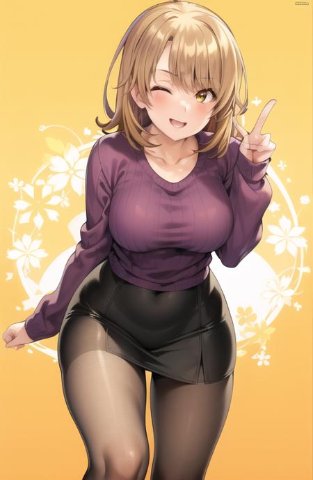 masterpiece, high quality, best quality, high resolution, 4k, high definition, beautiful lighting, highly detailed face, well drawn hands, well drawn legs, well drawn feet, well drawn eyes,1girl, iroha, brown hair, short hair, yellow eyes, dark  pink turtle neck sweater,  purple pencil skirt, black pantyhose, smiling, one eye closed, making peace sign in front of eyes, standing, (((from front))),bending towards the viwer,<lora:Isshiki_Iroha-01:1>