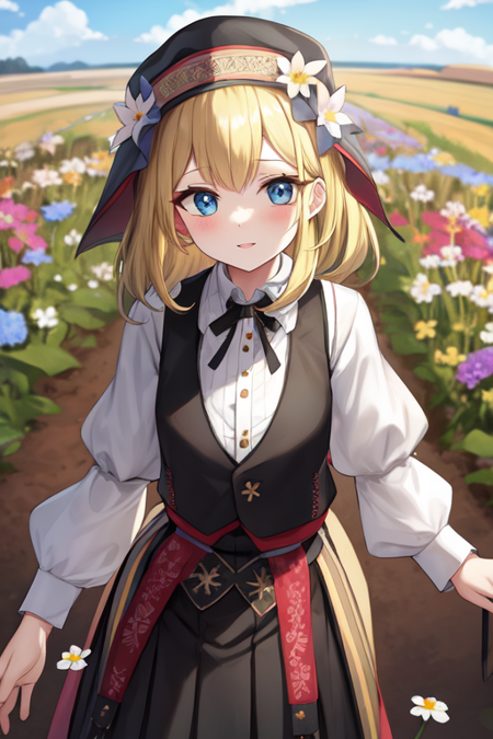 slavic dress, blonde hair, pov, vest, upper body, boots, skirt, hat, flower, black footwear, white flower